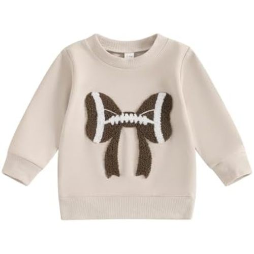 Karuedoo Toddler Baby Girl Football Outfit Football Bow Embroidery Crewneck Pullover Sweatshirt Long Sleeve Shirts Fall Tops