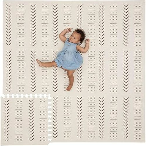 CHILDLIKE BEHAVIOR XXL Baby Play Mats, 72”x72” Puzzle with 9 Foam Tiles, Crawling Mat with Interlocking Tiles, 24”x24” Puzzle Mat Pieces, Neutral Playmat for Toddlers & Infants Play Pen - Beige