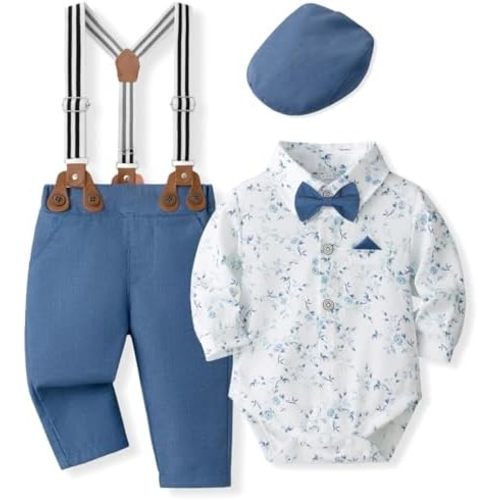 SALNIER Baby Boy Dress Suit Clothes Sets Infant Tuxedo Gentleman Suits Outfits Bowtie Shirt Suspenders Pants Beret Hat
