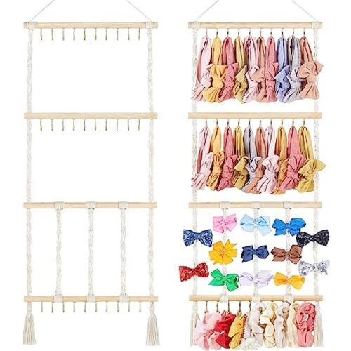 Dahey Headband Holder Bow Hanger for Girls Hair Bows, Macrame Headbands Hair Accessories Hanger Necklace Display with 30 Hooks Wall Hanging Over Door Organizer Boho Nursery Decor for Baby's Room