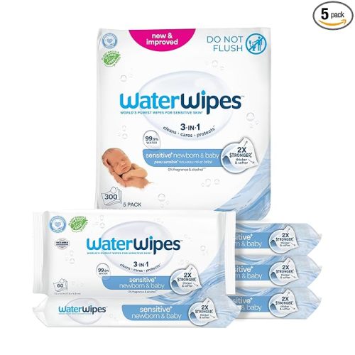 WaterWipes Sensitive+ Newborn & Baby Wipes, 3-In-1 Cleans, Cares, Protects, 99.9% Water, Unscented & Hypoallergenic, 300 Count (5 Packs)