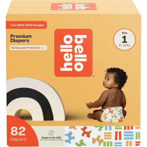 Hello Bello Premium Diapers Size 1, Balloon Buddies & Crosshatch Cuties Designs, 82ct Club Box