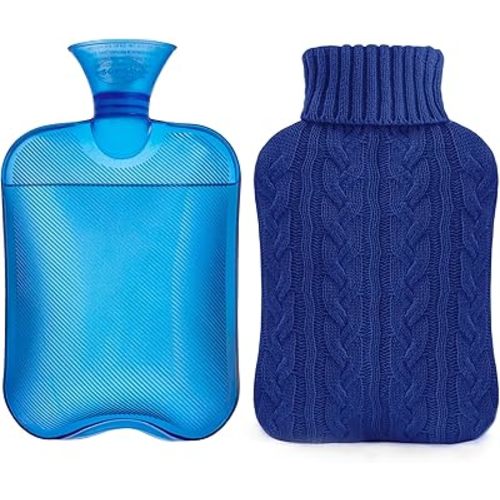 samply Hot Water Bottle with Knitted Cover, 2L Hot Water Bag for Hot and Cold Compress, Hand Feet Warmer, Ideal for Menstrual Cramps, Neck and Shoulder Pain Relief,Navy
