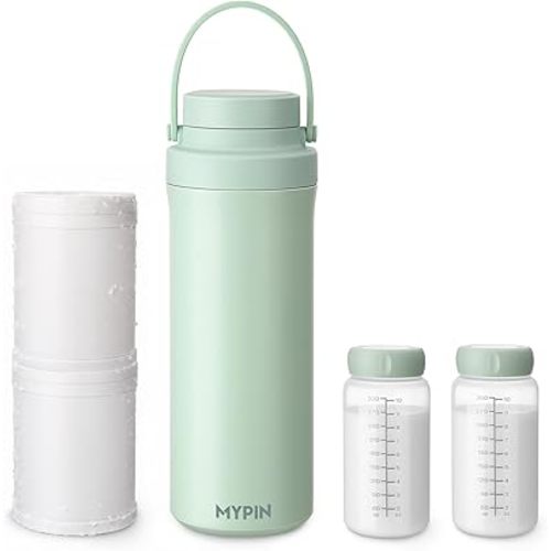 MYPIN 22oz Portable Breast Milk Cooler for Outdoor, 360° Cooling Tubes for 24 Hours with 2pcs Baby Bottles Reusable Storage Container, Larger Capacity Stainless Steel Travel Breastmilk Chiller