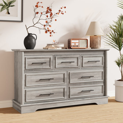 Winston Porter 7 Drawer 53.5" W Double Dresser, Dressers For Bedroom, Wide Chest Of Drawers With Metal Handles Gray & Reviews | Wayfair