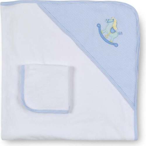 Stripe Knit Towel Set With Rocking Horse, Blue/White - Florence Eiseman | Maisonette