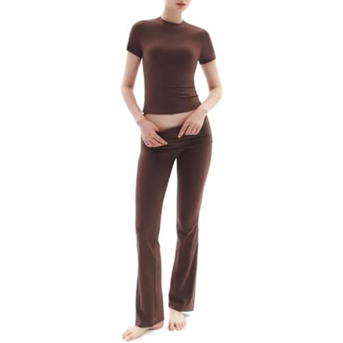 PUMIEY Women's 2 Piece Lounge Sets Short Sleeve Tops Fold-Over Flare Pants Casual Outfits Matching Set Nap Collection