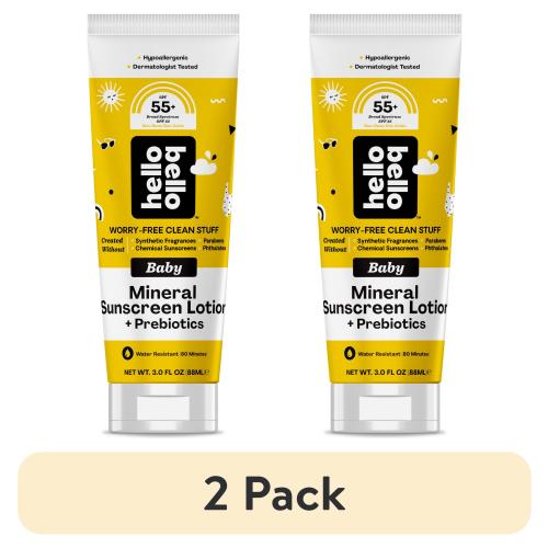 (2 pack) Hello Bello Baby Mineral SPF 55 + Sunscreen Lotion with Prebiotics for Infants, 3.0 fl oz