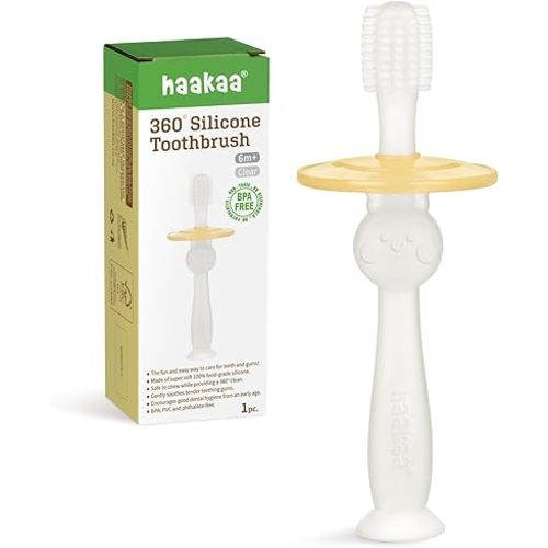 haakaa 360° Baby Toothbrush with Suction Base - Gentle Cleaning for Infant Self-Brushing Training, Food-Grade Silicone, Adjustable Safety Shield - Translucent (1 Piece)