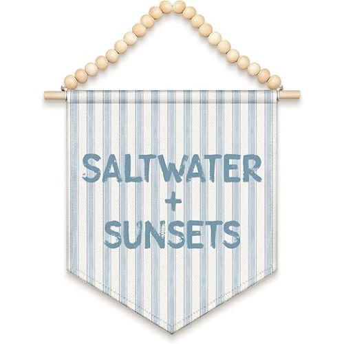 LIANGW Boys Room Decor Coastal Beach Canvas Banner, Saltwater and Sunsets, Boho Wood Beads Wall Art Decor Hanging Pennant Flag for Kids Playroom Nursery, Surf Shack Nautical Rustic Sign,13x11