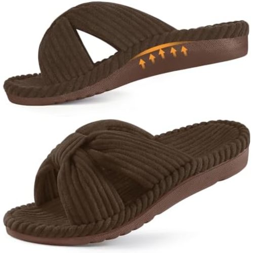 Orthopedic Arch Support Slippers for Women Comfortable Open Toe Indoor House Slippers Corduroy Cross Bow Bedroom Shoes for Plantar Fasciitis