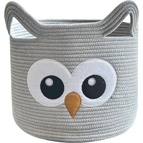 VK VK·LIVING Owl Storage Basket for Gift Foldable Cute Nursery Animal Toy Basket with Handles, Large Cotton Rope Baby Laundry Storage Organizer for Blanket Towels in Living Room Bedroom 15"Lx14"H