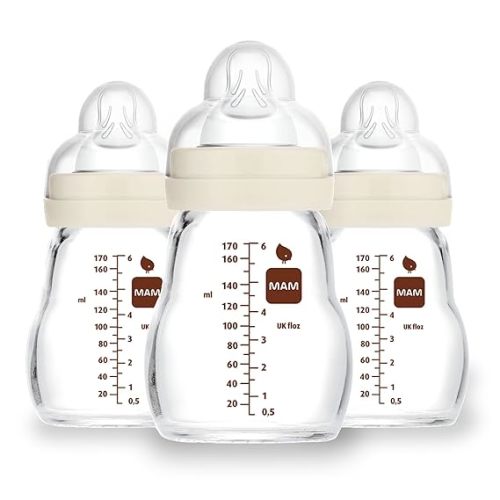 MAM Premium Glass Baby Bottles, Easy Switch Between Breast and Bottle, Feel Good Slow Flow, Newborn Essentials Must Have, 0+ Months, BPA Free, 6oz, Unisex, 3 Pack