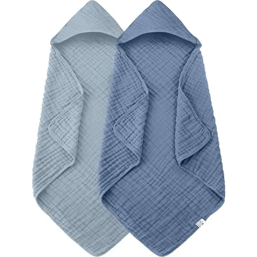 2 Pack Hooded Baby Towels - 100% Muslin Cotton for Newborns, Infants, Toddlers - Large 32x32 Inch Size - Highly Absorbent and Essential for Newborn Care, Light Navy