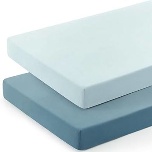 GRSSDER Mini Crib Sheets Fitted, Pack and Play Sheets 2 Pack, Ultra Soft Stretchy Pack N Play Sheets, Universal Fit for Playard Mattress, Jersey Crib Sheets Neutral for Boys and Girls, Blue