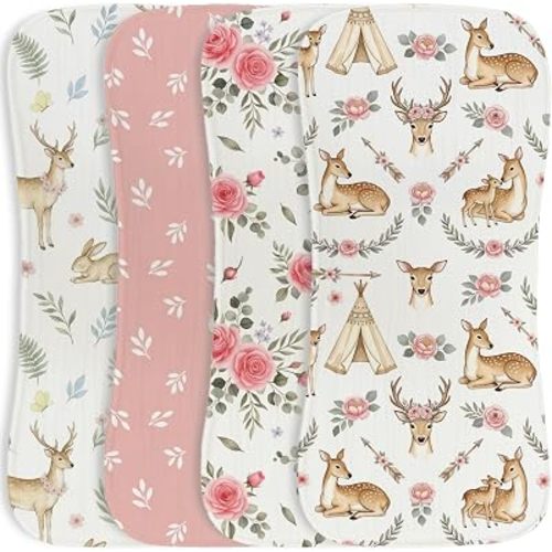 5Pack Muslin Burp Cloths for Baby Girl Woodland Deer Pink Floral Boho Teepee Design Burping Cloth Ultra Absorbent Muslin Spit Up Rags Super Soft Feeding Towels for Newborn Baby Shower Essentials Gifts