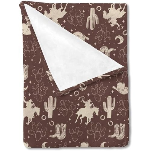 Vintage Western Cowboy Baby Blanket for Boys Cowboy Horse Boots Hat Cactus Moon Flannel Soft Swaddle Blanket Wild Plants Receiving Blankets Newborn Infant Nursery Toddler Crib Bed Blankets 30x40