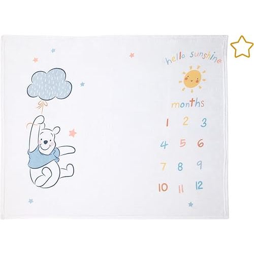 Disney Winnie The Pooh White, Yellow, and Aqua Super Soft Milestone Baby Blanket
