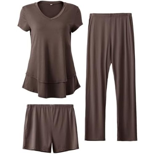 SUNNYBUY 3 PCS Maternity Breastfeeding Pajamas Set, Hidden Nursing Tops, Adjustable Pregnancy Shorts & Pants Postpartum PJS