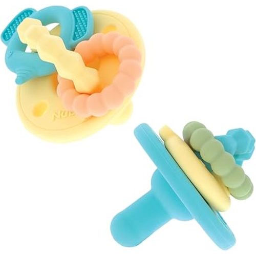 Nuby Charms Silicone Infant Pacifier and Teether - 2 Pack - 0+ Months - Yellow and Blue