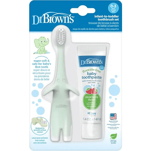 Dr. Brown's Infant-to-Toddler Training Toothbrush Set, Mint Elephant with Fluoride-Free Strawberry Baby Toothpaste, 0-3 Years (Styles May Vary)