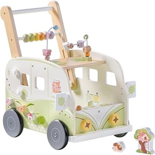 ROBOTIME Wooden Baby Walker, Baby Push Walker, Ajustable Speed Multi-Functional Baby Walker with Wheels for Babies Learning to Walk, Sit-to-Stand (Green)