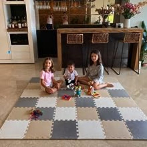 MioTetto Soft Non-Toxic Baby Play Mat | Toddler Playmat | Colorful Jigsaw Puzzle PlayMat | 16+2 Bonus Squares Foam Floor Mats for Kids & Babies | EVA Foam Interlocking Tiles for Gym, Nursery, Playroom - Cream-gray-beige