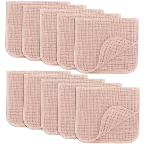 Comfy Cubs Muslin Burp Cloths - Large 100% Cotton Washcloths, 6 Layers (Blush, 10-Pack, 20"X10")