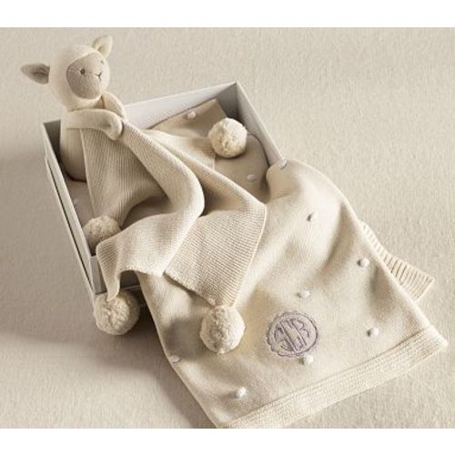 Cotton Sweater Knit Baby Blanket and Lamb Thumbie Gift Set , Ivory