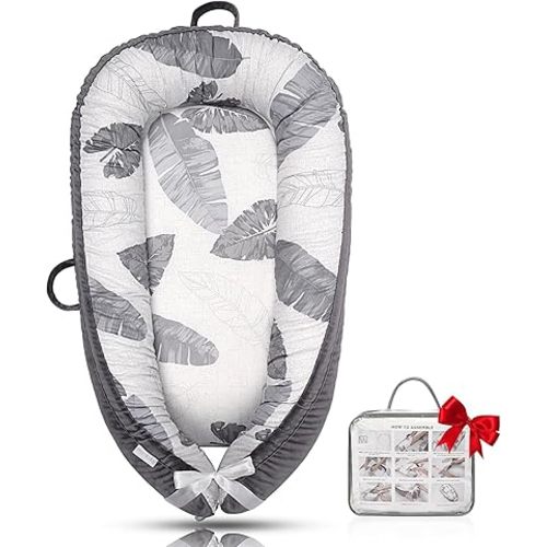 Baby Lounger - Baby Lounger for Newborn 0-24 Months, Ultra Newborn Babies Essentials Gifts, Baby Snuggle Nest Me Baby Lounger, Lightweight Infant Baby Lounger Cover (Grey Leaves)