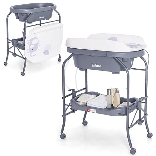 INFANS 2 in 1 Baby Changing Table with Bath Tub Unit, Folding Diaper Dresser Station with Wheels Waterproof Pad Storage Rack, Portable Nursery Organizer Stand for Newborn Infant