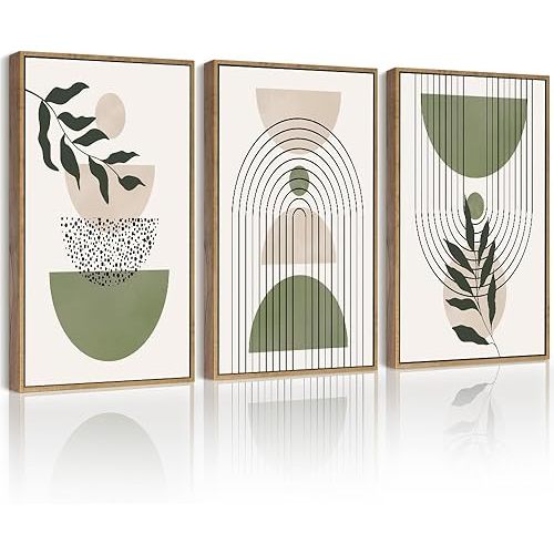 Drsoum Green Botanical Boho Wall Art Framed Modern Sage Bohemian Wall Decor Abstract Geometry Lines Prints Ready to Hang 11x14in Natural Framed