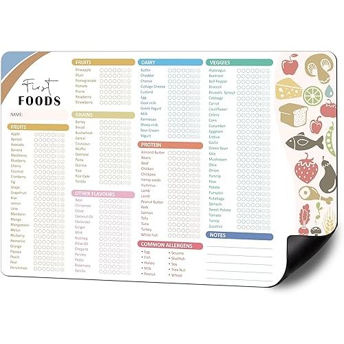BIROYAL Baby First Foods Tracker Fridge Magnet, Led Weaning Supplies, 12"x8" Dry Erase Daily Food Log, 101 Foods Checklist Before One, Baby Feeding Essentials