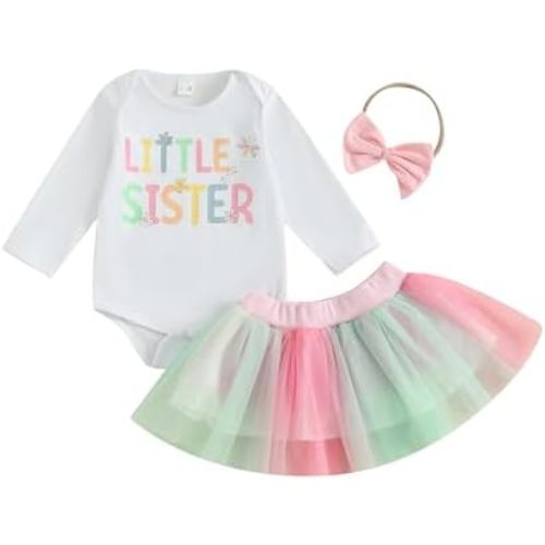 Big Sister Little Sister Matching Outfits Toddler Baby Girl Long Sleeve Shirt Romper with Tulle Skirt Clothes 3Pcs