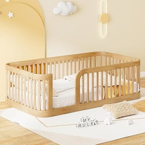 Wood Twin Size Bed Frame, Wood Floor Bed Frame with Fence, Twin Bed for Girls Boys Teens, Natural