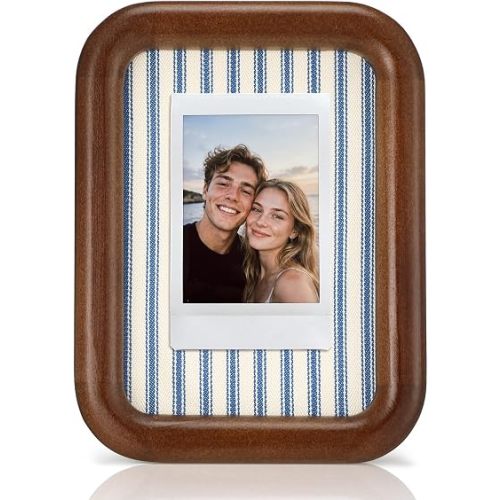 Lineshading 3.5 x 5 Picture Frame with Striped Mat Solid Natural Wood Rounded Corner Tabletop Photo Holder 6.5 x 5 Outer Rustic Farmhouse Wooden Display for Mini Photo Card Ticket Desktop Home Decor