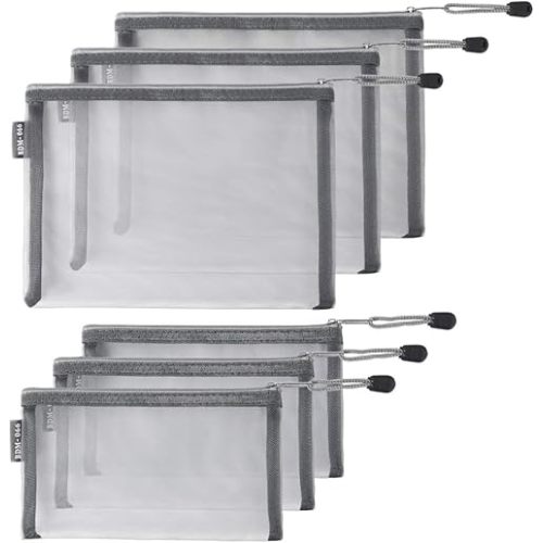 HRX Package Nylon Mesh Cosmetic Bags Zipper Pouches, 6PCS Gray Makeup Pouches Travel Organizer Case for Purse Diaper Bag (A5 x 3pcs, A6 x 3pcs)