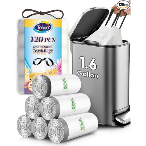 Teivio 1.6 Gallon 120 Counts Strong Drawstring Trash Bags Garbage Bags, Medium Kitchen Trash Can Bathroom Bin Liners, Plastic Trash Bags for Home Office Kitche, White