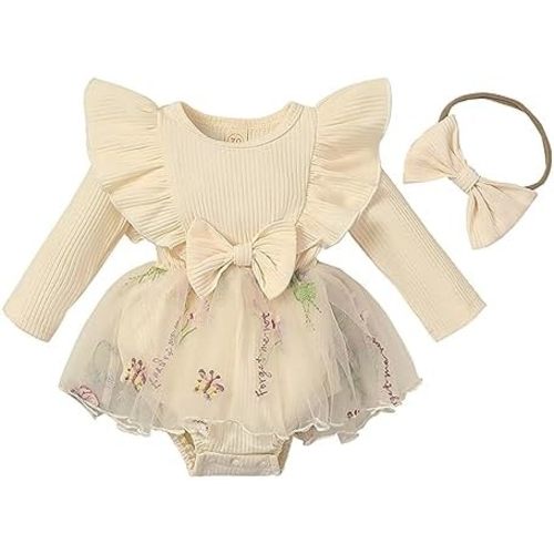 ZAXARRA Newborn Baby Girl Romper Long Sleeve Ruffle Romper Dress Cute Headband 2 Piece Outfits