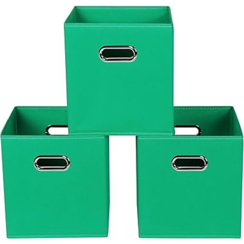Green Foldable Storage Bins, 11x11x11, Set of 3, (Fabric Cube Organizer with Handle, for Cloth or Accessory Storage)