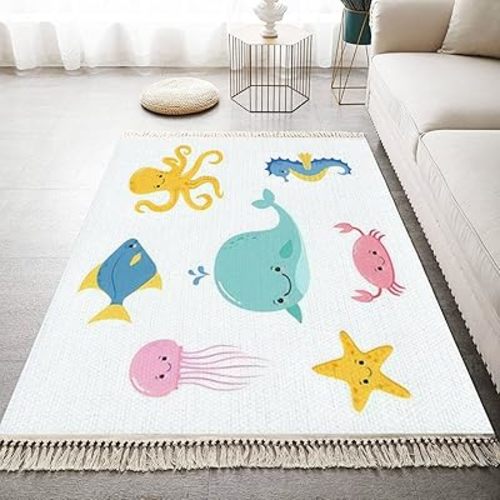 Boho Kid Bedroom Playroom Nursery Area Rugs Cute Baby sea Animals Underwater Animals Jellyfish Starfish Ocean sea Tassels Carpet Patio Hallway Runner Mat Pad Home Decor Living Room Indoor Outdoor