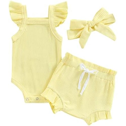 3pcs Toddler Girls Summer Outfits Ribbed Halter Crop Top Romper Bodysuit +Floral Bloomer Shorts+Headband Clothes Set