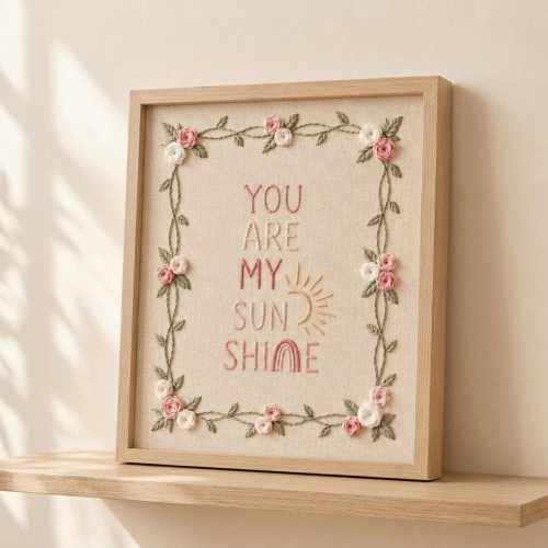 Hand Embroidered You Are My Sunshine Floral Frame, Baby Girl Poster, Vintage Cottagecore Quote, Embroidered Nursery Art, Hand Embroidery