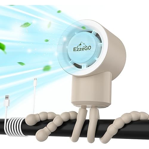Portable Stroller Fan with Flexible Tripod, 3 Speeds Rechargeable Handheld Personal Fan, 360° Rotate Battery Operated Clip-On Fan for Car Seat, Crib, Bike, Treadmill (Beige)
