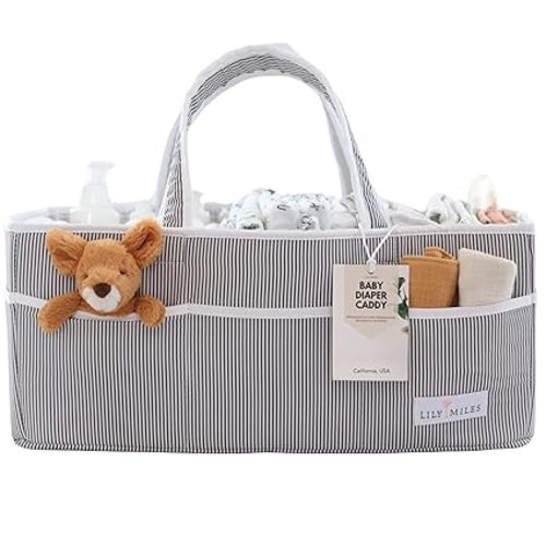 Lily Miles Baby Diaper Caddy - Organizer Tote Bag for Infant Boy or Girl - Baby Shower Basket - Nursery Must Haves - Registry Favorites - Newborn Caddie Car - Gray/Gray, Extra Large