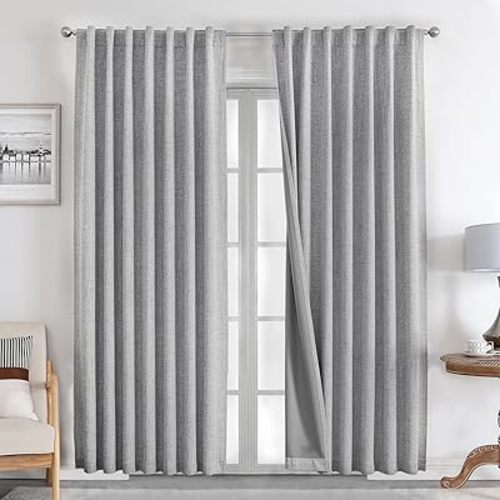 Joydeco 100% Black Out Curtains 84 inch Long 2 Panels Burg Natural Blackout Linen Drapes for Bedroom Living Room Darkening Curtain Thermal Insulated Back tab Rod Pocket(37x84inch,Light Grey)