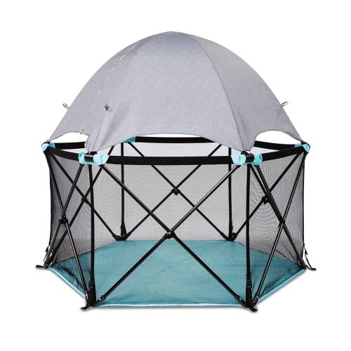 Summer Infant Pop ‘N Play Deluxe Ultimate Playard, Aqua Splash - Full Coverage Indoor/Outdoor Portable Play Pen with Fast, Easy and Compact Fold