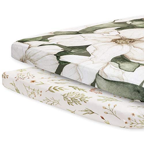 Pobibaby - 2 Pack Premium Pack N Play Sheets Fitted for Standard Pack and Plays and Mini Cribs - Ultra-Soft Cotton Blend, Stylish Floral Pattern, Safe and Snug for Baby (Zephyr)