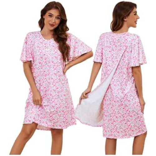 Hospital Gowns for Women Open Back Tear Away Snap Post Shoulder Surgery Short Sleeve Adaptive Clothing Nightgown