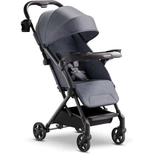 Mompush Lithe V2 Lightweight Stroller + Snack Tray, Ultra-Compact Fold & Airplane Ready Travel Stroller, Near Flat Recline Seat, Cup Holder, Raincover & Travelbag Included
